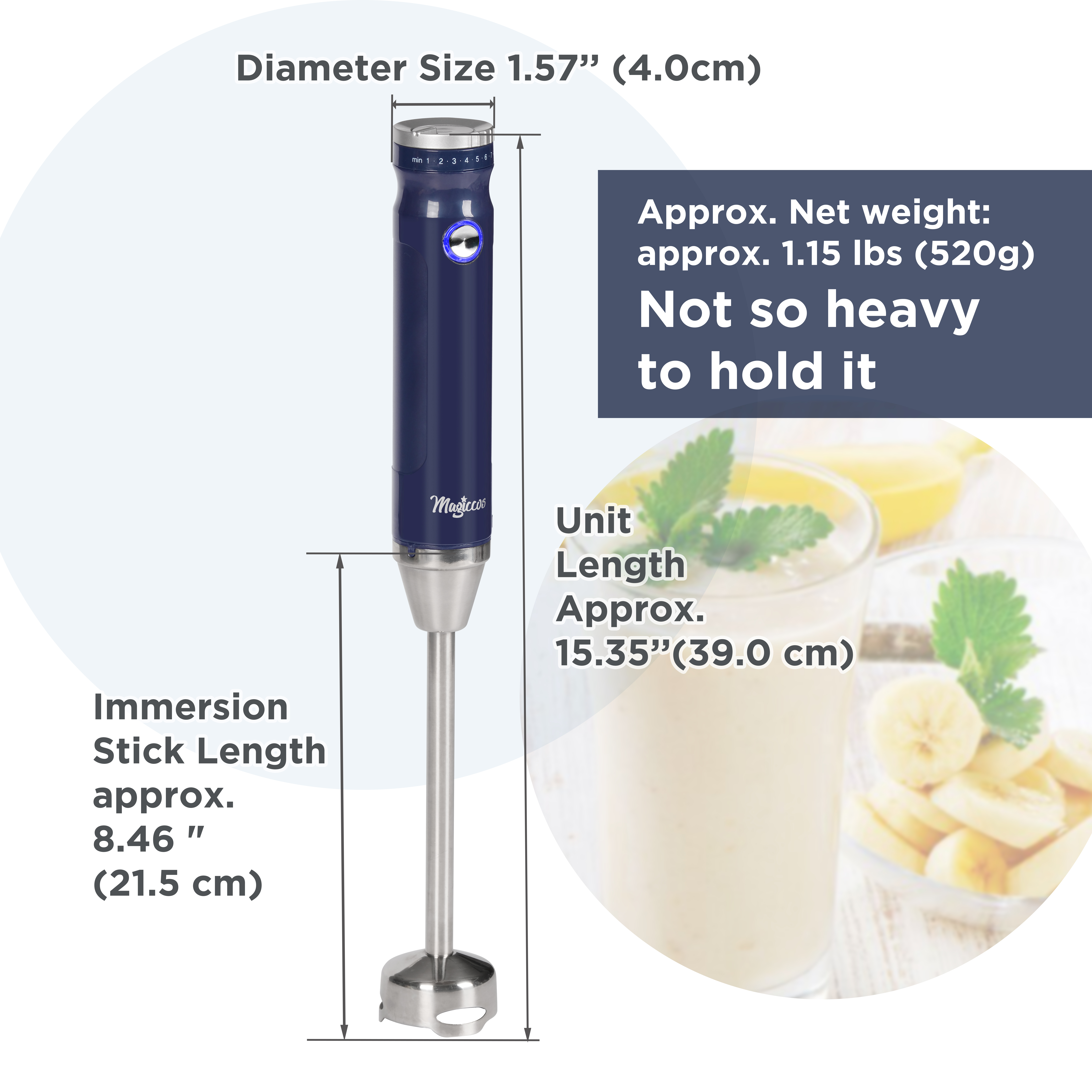 Magiccos Immersion Stick Hand Blender - 9 Speeds Contorl, Slim Stick Blender Wand, 350W DC Motor, For Shakes and Smoothi
